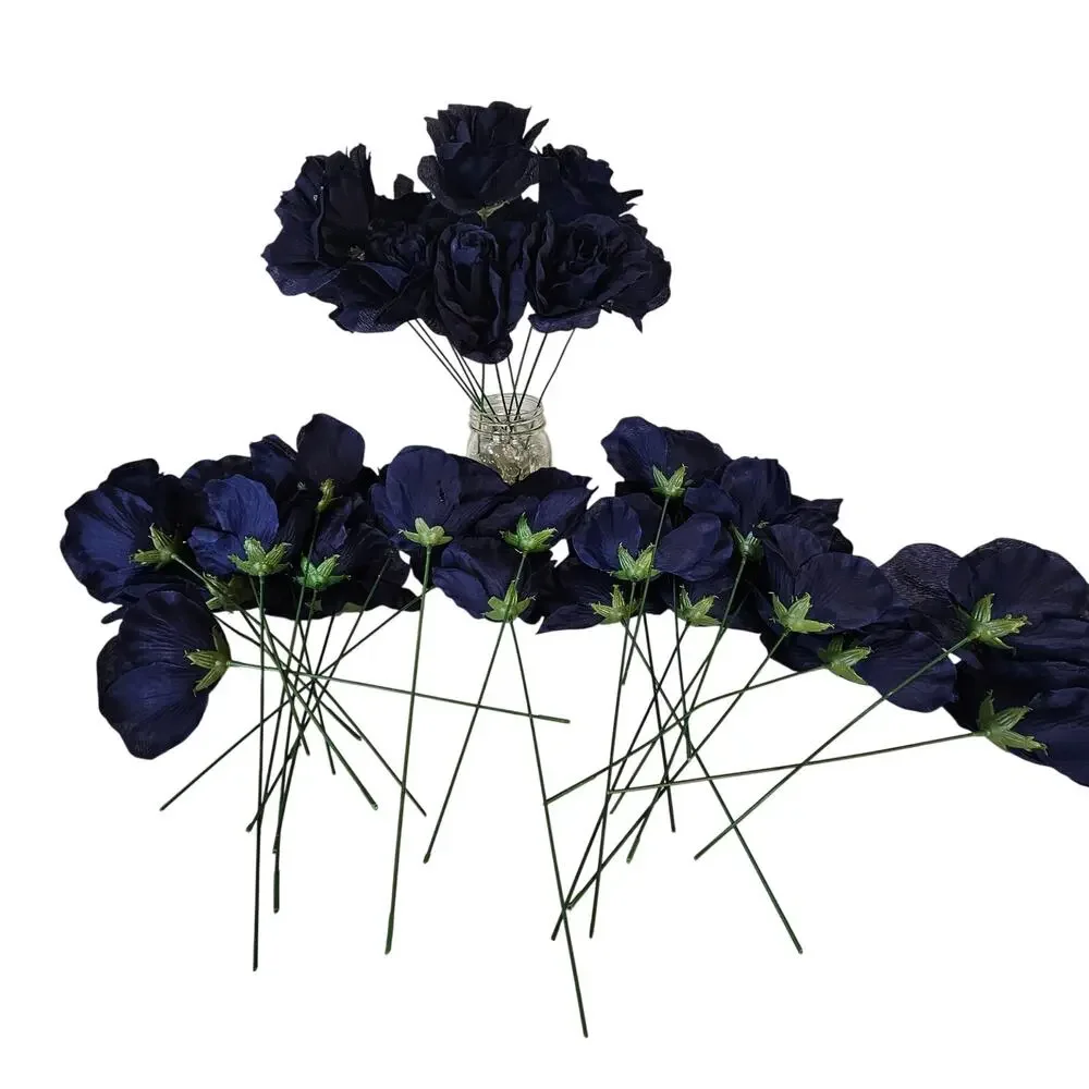 Navy Blue Artificial Roses 3in Fluffy Silk Flowers Stems Wedding Craft Lot of 20